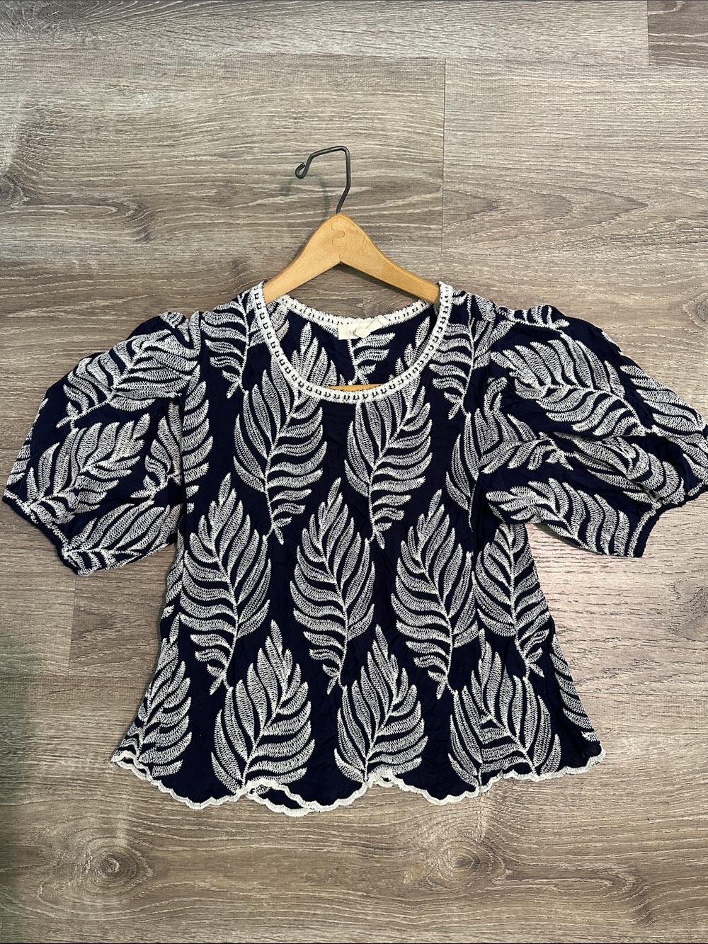 Solitaire Navy Blouse with White Leaf Print and Puff Sleeves